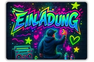 ‎CELEBR8TE 12x Graffiti Einladungskarten Nr. 6 - Für den Kindergeburtstag von Jungen & Mädchen - Neon Graffiti Geburtstagseinladungen inkl. Messenger Bild & Urlaubsgutschein