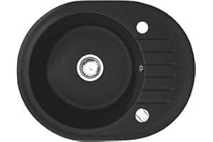 ‎MANESTEIN Manestein Sink, Granite Kitchen Sink, Built-in Sink, Draining Board, Single Bowl with Siphon, Stain Resistant, 80% Quartz Sand, 1 Basin, Oval, 60 x 47 cm, Graphite - Black Speckled