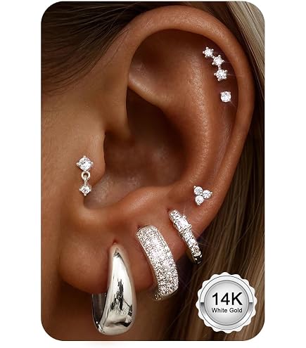 SIXDUTON 6Pcs Set Orecchini Donna, Placcati in Oro 18K Orecchini Cerchio Piccoli Anallergici Orecchini a Bottone Brillante Piercing Orecchini Helix Cartilagine Orecchini (A-Argento
