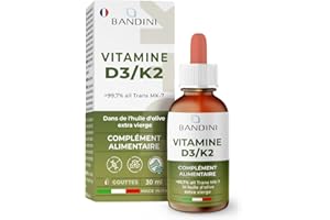 Bandini® Vitamine D3 K2 Gouttes 1000 UI à Forte Dose, D3+K2 Végétarien & Liquide (99,7% All-Trans MK-7), Gouttes des Vitamines D3 et K2, Hautement Dosée en huile d’olive, Fortement Dosé, Biodisponible