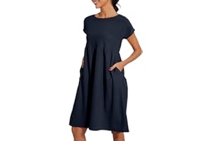 DASFSAGH 2024 Nuevo Vestido Verano Cuello Redondo para Mujeres Casual Y CóModo AlgodóN De Manga Corta Bolsillo Falda Playa Vestidos Verano Mujer 2024 Largos Elegantes Vestidos De Boda Invitada Vacaciones