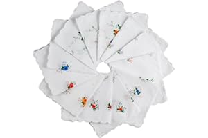 KGJAXF 12Pcs Ladies Handkerchiefs, White Floral Cotton Embroidery, Women's Classic Wedding Party Hankies