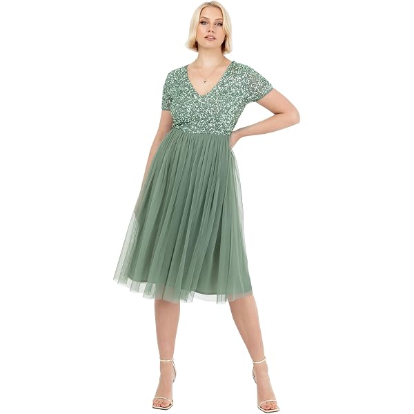 Pinup Fashion Hochzeitskleid Übergröße – V-Ausschnitt, Flatterärmel, Blumenspitze, Gesmokt, Midilänge