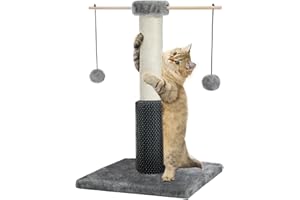 HOMYHANDS Cat Scratching Posts 53CM for Indoor Cats with Self Groomer Removable Pom Sticks, 22.4" Durable Sisal Cat Scratcher with 2 Dangling Balls,Cat Toys for Medium Cats Kittens (Grey)