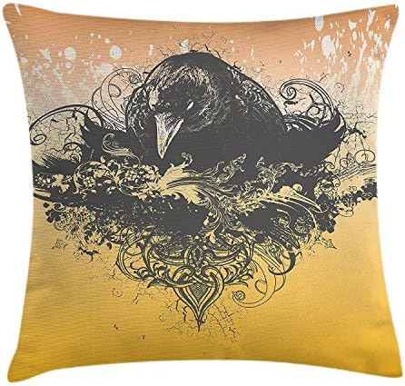 Black Decor Throw Pillow Cushion Cover, Halloween Theme Vector Illustration of a Wicked Crow and Flowers Print, Decorative Square Accent Pillow Case, 18 X 18 Inches, Black and Mustard