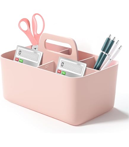 Panier Organiseur Avec Poignée 5 Compartiments - Panier Plastique Polyvalent Rose Empilable Pour Bureau, Maquillage Et Bricolage