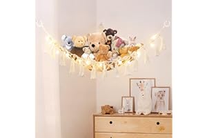 Weldomcor Stuffed Animal Toy Hammock Macrame Boho Plush Toy Net Hammock with wood Beads Tassels Stuff Animals Organizer Storage Corner Plush Toys Net Holder for Nursery Play Room, Kids Bedroom