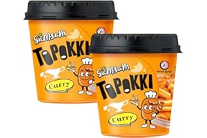 SamSam Instant Tteokbokki Topokki Korean Rice Cakes Chewy Street Snack, Multi Flavours, Carbonara, Cheese, Curry, Garlic Teriyaki, Jjajang, Rose, Original Sweet & Spicy（Pack of 2） (Curry)