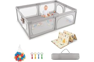 DREAMADE Parc Bébé en Tissu Oxford avec Poche&Sac de Transport,Clôture de Jeu Tout-Petits 0-36Mois avec Balles&Porte Zippée&Maille Respirante (206x147x68,5CM avec Tapis, Gris)