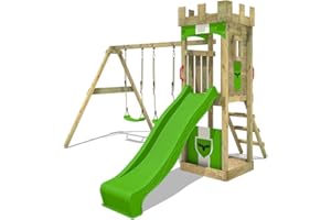 FATMOOSE Aire de Jeux Portique Bois TreasureTower avec balançoire et Toboggan Vert Pomme Maison Enfant Exterieur avec bac à Sable, échelle d'escalade & Accessoires de Jeux