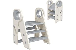 AIYAPLAY Taburete para Niños Plegable Torre de Aprendizaje Ajustable Escalera para Niños de 18-60 Meses Antideslizante para Baño Cocina Librería Dormitorio Gris y Blanco