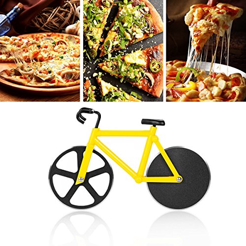 Duomishu Pizza Cutter Pizzaschneider Fahrrad Formen Sharp schwarz antihaften Klinge duale Schneiden Räder mit Ständer Küche und Haushalt Edelstahl-Werkzeug Räder Cutter (Yellow2)