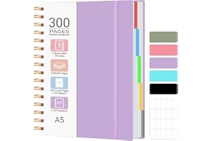 MOFELON A5 Notebook, Notepad, A5 Notebook with Dividers, 300 Pages 100GSM Thick Wirebound Spiral Notebooks for Writing, PVC Hardcover Note Book for Work Office School, 21.5 x 15.8cm,Purple