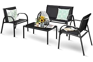 KOMFOTTEU Ensemble de Salon de Jardin 4 Pièces pour 4 Personnes, Mobilier d’Extérieur avec 2 Chaises, 1 Canapé et 1 Table Basse, Meubles de Terrasse pour Cour, Patio, Balcon (Noir)