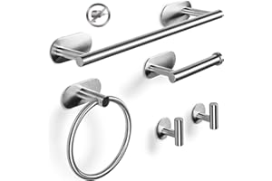Virklyee Conjunto Toallero Toallero de 5 Piezas: Toallero de Acero Inoxidable Anillo de Toalla Portarrollos para Papel Higiénico 2 Gancho Montado en la Pared Accesorios de Baño Autoadhesivo (Plata)