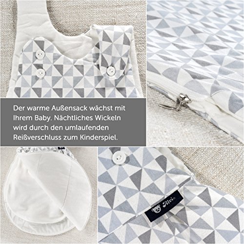Alvi Baby Mäxchen Original / Ganzjahres Baby-Schlafsack – 3-tlg. mit gefüttertem Außensack und 2 Innensäcken mit Ärmeln / mitwachsend / Birnenform – Silber Grau - 4