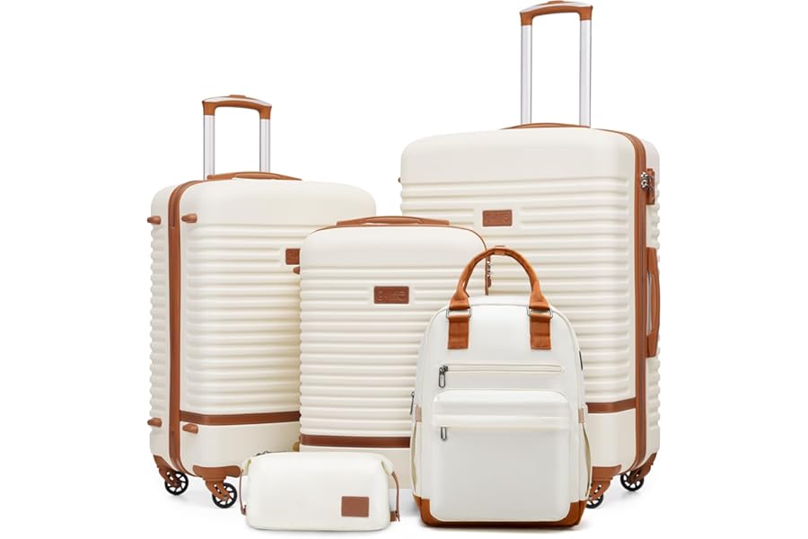 COOLIFE Suitcase Set, 5 Piece Luggage Sets with Travel Backpack and Toiletry Bag for Family Travel, TSA Lock 360° Spinner Wheels (White/Brown, 5 Piece Set)