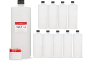 Octopus 10 x Bottiglie di plastica 1000 ml, HDPE, 1 litro bottiglie rotonde con tappi a vite o coperchi neri, bottiglie vuote con filettatura da 25 mm, etichette di etichettatura incluse