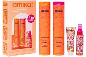 amika soft strand stars nourishing wash + care set - full size normcore signature hair shampoo + conditioner, travel size soulfood hair mask + the wizard silicone-free detangling primer (4 pieces)