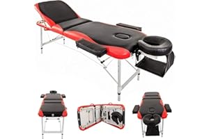 BTM Portable Massage Bed Table, Couch Bed Aluminium Deluxe Lightweight Professional Beauty Tattoo Spa Reiki Folded 3 Section with PU Leather and Density Headrest Arm support,with Carry Bag (Red)