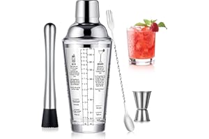 OBALY Glas Cocktail Shaker Edelstahl auslaufsicherer Deckel Boston Shaker Martini Shaker Anfänger Barkeeper Kit mit Jigger 22oz Mixed Drink Shaker mit Messungen EIS Shaker Mixing Glas Bar Tools