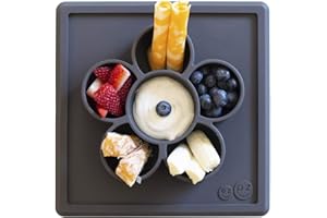 ezpz Mini Play Mat (Slate) - 100% Silicone Suction Flower Plate with Built-in Placemat for Infants + Toddlers - Crafting + Snacks - Divided Plate - Dishwasher Safe