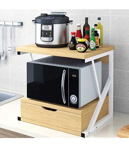 Mensola Microonde In Bambù Naturale - Scaffale Cucina Regolabile 3 Strati Con Ganci E Porta Taglieri, 52x30x35 Cm
