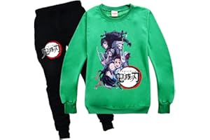 Yumenam Unisex Niño Traje de Chándal Sudaderas y Pantalones 2 Piezas Conjunto Tanjirou Nezuko Impreso Cuello Redondo Casual Pullover Jogging Sudaderas Chándal Jumper Hip Hop Streetwear Ropa Deportiva