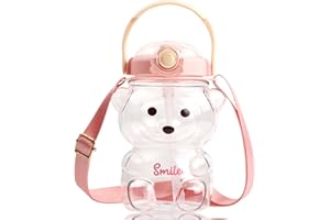 Nivofu Butelka na napoje dla dzieci, butelka na wodę o dużej pojemności, butelka na wodę ze słodkim misiem, przenośna butelka na wodę w kształcie misia ze słomką (różowa)