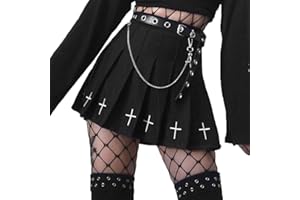 DINGJIUYAN Punk Cross Print Dark Mini Skirts Chain Belt Black Uniform Pleated Skirt