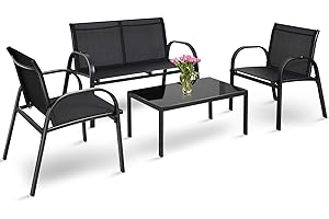 COSTWAY Conjunto Jardin Exterior de 4 Piezas, Tela Textilene, 2 Sillones,1 Banco de 2 Plazas y 1 Mesa de Centro de Hierro, Muebles Jardin Exterior Terraza Balcon (Negro)