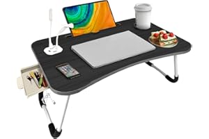 HOBUBU Laptop Bed Tray Table, Laptop Desk Portable Bed Tray Foldable Lap Desk Sturdy Portable Cup Holder for Eating, Writing, Working on Bed/Sofa with Little Gift (Small Fan, Small Lamp) (Black)