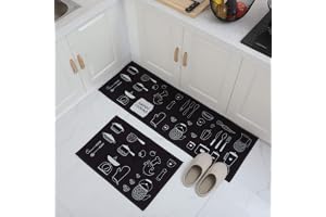 Azonee Kitchen Rugs Mat, 2 Pcs Black Anti Slip Machine Washable Kitchen Rugs and Mats, Very Thic 6-Mm, for Bedroom, Kitchen, Living Room, Dining Room Size (40 X 120 Cm and 40 X 60 Cm)