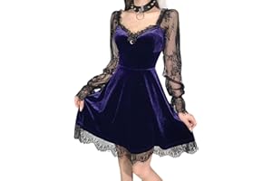 XKBHYD Womens Gothic Velvet Dress Long Sleeve Vintage Witchy Dresses Moon Lolita Fairy Dress Lace Punk Grunge Dress