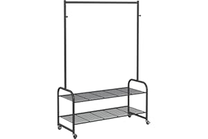 SONGMICS Stand Appendiabiti, Appendiabiti da Terra, Appendiabiti con Ruote, Ganci e Ripiani in rete, Porta Abiti con Rotelle per Ingresso, Soggiorno, Camera da Letto, Nero HSR102B01