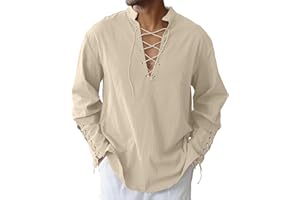 LVCBL Camicia Uomo Medievale in Cotone Lino con Lacci e Collo Coreano M-3XL