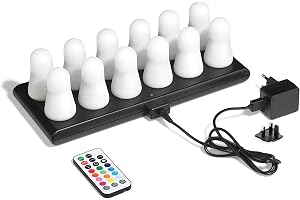 Color&Mood: Set med 12 LED-ljus RGB + varmvitt + fladdrande ljus – uppladdningsbara med fjärrkontroll – förbättrad magnetisk bas