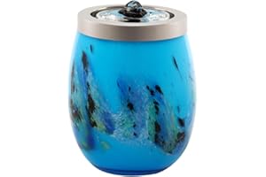 ‎VOREEN VOREEN Zimmerbrunnen Blau aus Mundgeblasenem Glas – Tischbrunnen mit LED-Licht – Ruhiger Glas-Deko-Brunnen für Wohnzimmer Schlafzimmer Büro 15cm Hoch