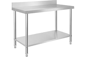 UISEBRT Tavolo da lavoro in acciaio inox con alzata, tavolo da cucina con piedini regolabili, tavolo da cucina con ripiano inferiore extra grande, 120 x 60 x 85 cm, con alzata