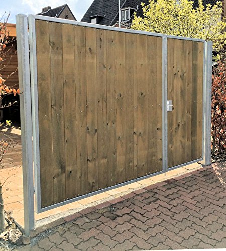 Einfahrtstor / Einbaubreite 350 cm / Einbauhöhe 180 cm / Hochwertiges 2-flügeliges asymmetrisch geteiltes Tor / Aufteilung: 1,0 m + 2,5 m / Verzinkt mit Holzfüllung / Holz Tor Gartentor Hoftor - 3