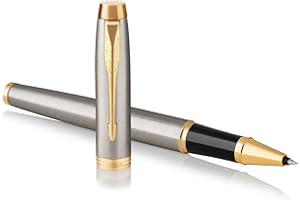 Parker IM Penna Roller | Punta Fine e Ricarica di Inchiostro Nero | Brushed Metal Golden Trim