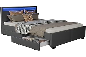 ‎JUSKYS Juskys Polsterbett Lyon 140x200 cm mit Bettkasten, LED Beleuchtung, Lattenrost & Kunstleder, grau, Bett Bettgestell Einzelbett Jugendbett