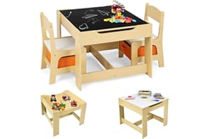 GIANTEX 3 in 1 Tavolo e Sedie per Bambini, Set Mobili di 3 Pezzi Camera, Tavolino Bianco e Nero da Gioco, Multiuso, Cosigliata Età 3-7 Anni, in Legno