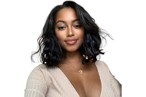 PORSMEER Peluca Corto Ondulado Bob Negro Encaje Frontal Natural Pelucas para Mujer, Brasileña Parte Media Lace Front Sintético Pelo Completo para Halloween Cosplay Disfraz 14"