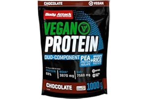BODY ATTACK SPORTS NUTRITION Body Attack Vegan Duo-Component Protein Chocolate, 1000g de proteína vegana de dos fuentes/33 raciones, bolsa zip-lock, 9.060mg de EAAs & 4.650mg de BCAAs, sin azúcar, Made in Germany.
