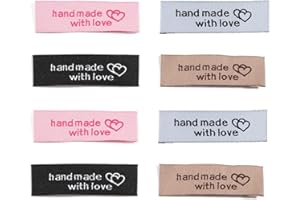 MiaLover 120 Stück Handmade Stoff Labels Tags Kleideretiketten Aufnäher Handmade with Love Handarbeit Etiketten zum nähen für DIY Klediung Näharbeit dekor, 4 Farben