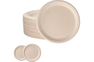 YAYAFUNFUN 50 Piezas Platos Desechables Papel de Caña de 17.8 cm de diámetro,Marrón Papel para Son de postre,la tarta,Redondo,Orgánico,Biodegradables,Fuertes,Compostables para Fiestas,Picnics, Hogar,Bodas
