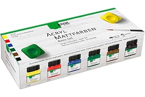 KREUL 75600 - Akrylowe farby matowe w zestawie, kremowa kryjąca, szybkoschnąca farba na bazie wody, nadaje się do wielu różnych powierzchni, 6 x 20 ml farby i jeden pędzel
