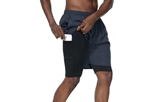 HMIYA Herren 2 in 1 Shorts Fitness Sporthose Kurz Jogginghose Schnelltrocknende Laufhose mit Kompressionsshorts und Taschen Reißverschlussfach