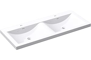 Mai & Mai Double vasque à encastrer blanc lavabo 2 Vasques 120x48x12 cm lave mains Col03 rectangulaire en résine avec trop plein
